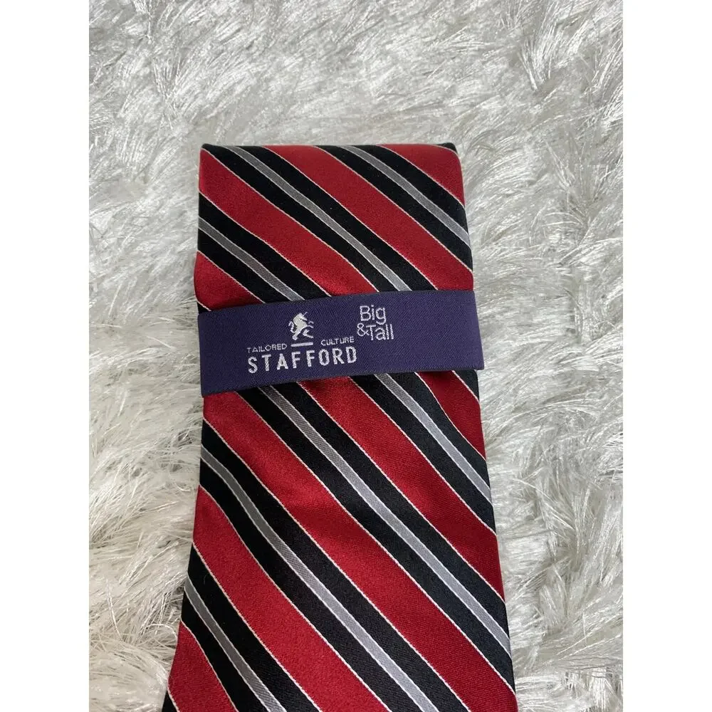 NWT Stafford Big & Tall Silk Red Blue Gray Stripe Neck Tie  100% Silk XL Tall